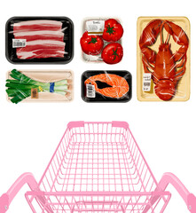 Shopping illustration depicting products, shopping carts full of goods, fresh food, a market for discount posters, retail advertisements, flyers, hand-drawn illustration on a transparent background.
