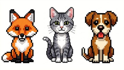 Fototapeta premium Pixel-style critters leap across retro screen, 8-bit tails flick, loop endless neon arcade chase. 