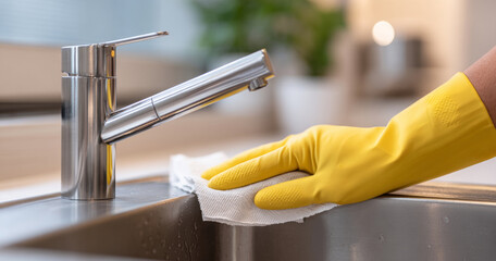 Close-up of hand wearing yellow rubber glove cleaning stainless steel kitchen sink and faucet with white cloth in bright modern kitchen