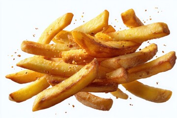 Golden brown potato french fries piled high with seasoning sprinkled on top