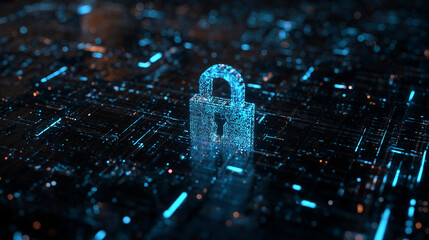 Glowing Padlock Icon in Digital Matrix with Neon Blue Accents