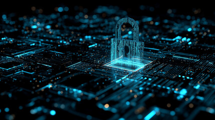 Glowing Padlock Icon in Digital Matrix with Neon Blue Accents for Tech Enthusiasts