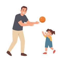 Father Playing Ball with Daughter. Flat vector illustration isolated on white background