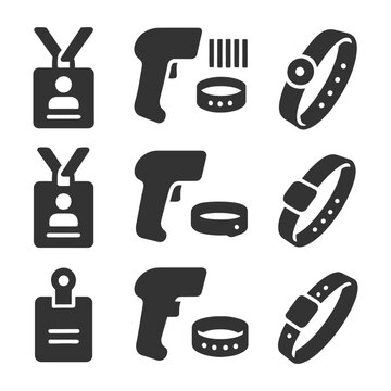 Icon set of id badges scanners wristbands for identification and access control.