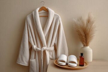 Cozy plush bathrobe with belt hanging on a hook next to slippers and a vase with dried flowers
