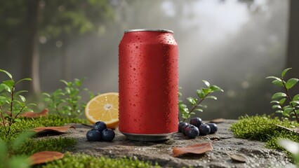 Refreshing Red Beverage Can Mockup with Water Droplets, Lemon, and Blueberries in Natural Forest Setting