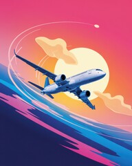 Airplane flying over ocean at sunset time