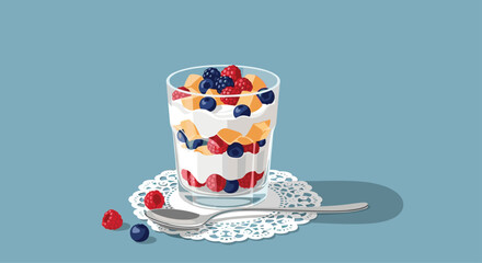 Healthy yogurt parfait with layers of cream, fresh raspberries, blueberries, and mango pieces served in a glass with a spoon.