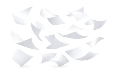 White paper sheets flying and falling with transparency, representing bureaucracy, communication, and information processing