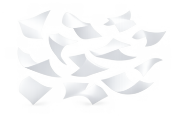 White paper sheets flying and falling with transparency, representing bureaucracy, communication, and information processing