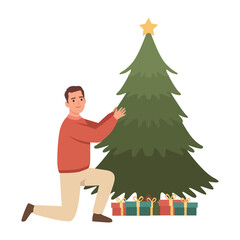 Man Decorating Christmas Tree with Gifts. Flat vector illustration isolated on white background