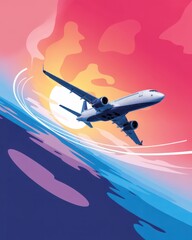 Airplane flying over ocean at sunset with vibrant colors