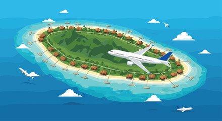 Aerial isometric view of a beautiful tropical island resort with palm trees, bungalows, and airplanes flying around it.