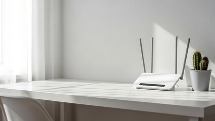 Modern WiFi Router with Antennas on White Desk Symbolizing Smart Home and Stable Internet Connection