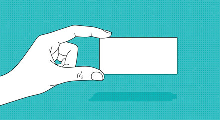 Human hand holding a blank white business card against a bright cyan background with a subtle dot pattern and shadow.