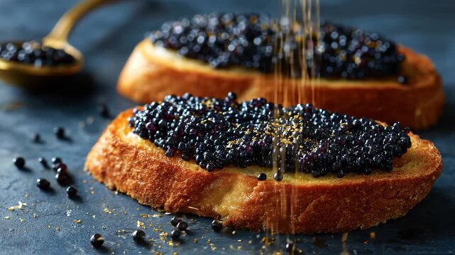 two slices of bread topped with black caviar Caviar spread on a golden toast, Two golden toast slices lavishly topped with black caviar