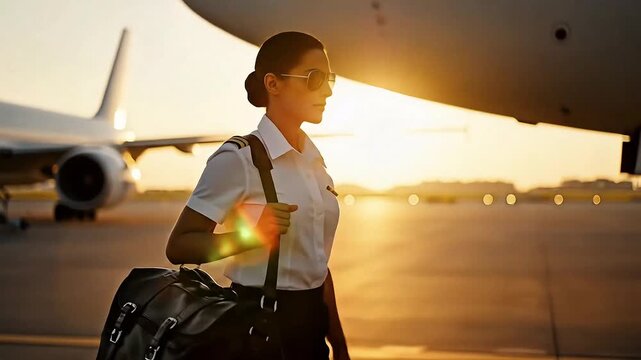 A female pilot in uniform walks with a travel bag on the tarmac at sunset.