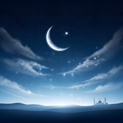 Naklejka premium Serene night sky with crescent moon over peaceful landscape