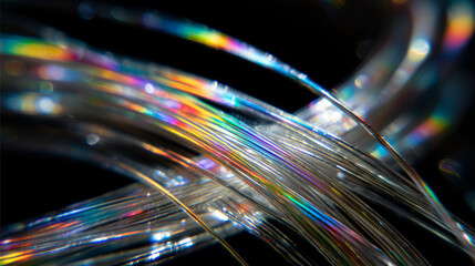 Macro Close-Up of Tangled Glowing Fiber Optic Cables Forming a Vibrant Rainbow Network