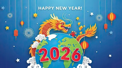 Happy new year 2026 celebration with dragon and globe