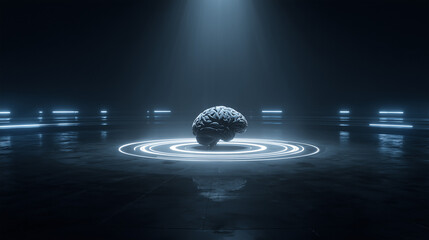Minimalist Digital Brain with Pulsating Light Rings - Futuristic Neural Network Visualization