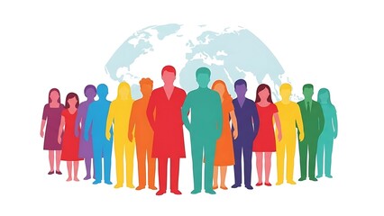 Minimalist vector illustration of a diverse group of people celebrating global unity with a Hopeful mood