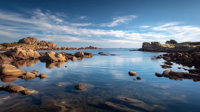 A showing a vast expanse of water with rocks encircling it creating a striking landscape Sky view of a tranquil sea brushing against a rocky coast