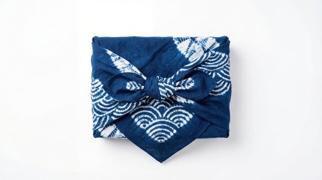 白い絞り模様の藍色日本の風呂敷包装布の高級中央配置商品撮影、布は贈答用包み方で折られ純白背景RGB 255-255-255の中央に完璧に配置、Canon EOS R5とCanon RF 100mm f/2.8 L Macro IS USMレンズで撮影、絞りf/13、すべての布地の折り目・質感の細部・絞り染め模様が剃刀のように鋭くフォーカス、大型八角形ソフトボックス頭上照明と四方の白いバウンスカード