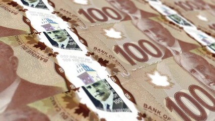  100 Canadian dollar banknotes sliding animation with realistic camera angle. Money falling down animation