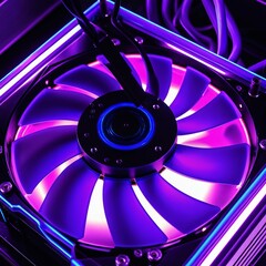 Vibrant RGB-lit computer cooling fan showcasing a mesmerizing blend of purple and blue lights, perfect for technology and gaming themes.