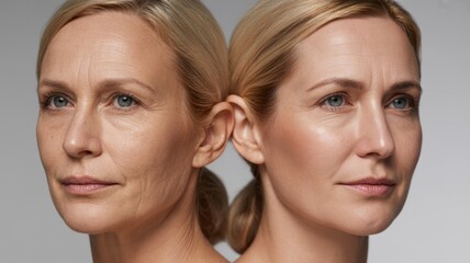 Before After anti aging face photo skin spa treatment older woman 40s 50s menopause wrinkles fine line saggy jowls afterwards smooth glowing younger firm microneedling rf therapy LED laser treatment