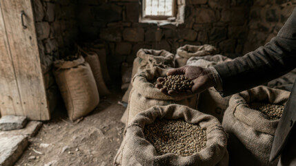 Harvesting yemeni coffee beans traditional farm agriculture photography rustic environment close-up view cultural heritage