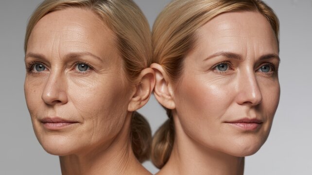 Before After anti aging face photo skin spa treatment older woman 40s 50s menopause wrinkles fine line saggy jowls afterwards smooth glowing younger firm microneedling rf therapy LED laser treatment