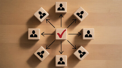 Wooden blocks with people icons and checkmark on a wooden surface for business concept