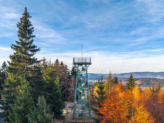Nestled in the Jizera Mountains, Slovanka Lookout Tower offers stunning views during autumn....