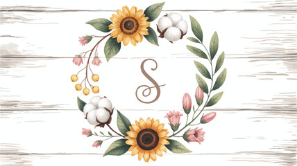 Wreath of sunflowers and flowers on white wood background
