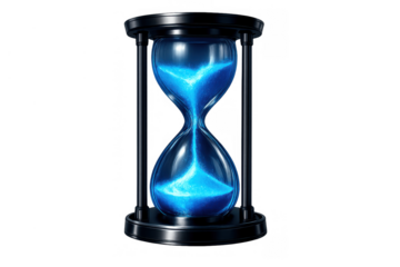 Hourglass with glowing blue sand flowing, symbolizing time passing, countdown, deadline, and measurement on transparent background