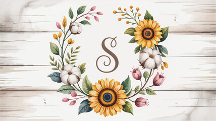 Wreath of sunflowers cotton flowers and leaves on white wood background