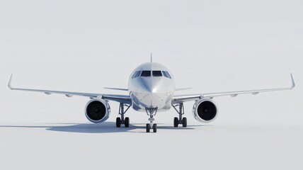 Front view of silver commercial airplane on white background