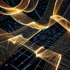 Dynamic image of luminous golden fiber optics weaving over a futuristic digital grid background.