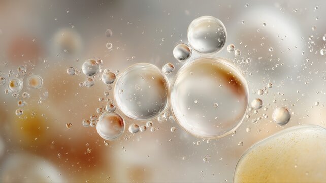 Abstract macro of oil and water bubbles, ideal for skincare, hydration, and cosmetic product advertising with a luxurious, scientific appeal
