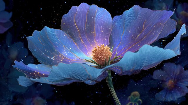 Glowing Blue Cosmos Flower with Glitter and Stars, A bright blue cosmos flower illuminated with glitter and stars, evoking a celestial scene