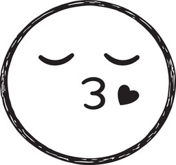 Face Blowing a Kiss Emoticon with Small Heart, Hand Drawn Black and White Illustration of a Romantic Kissing Smiley