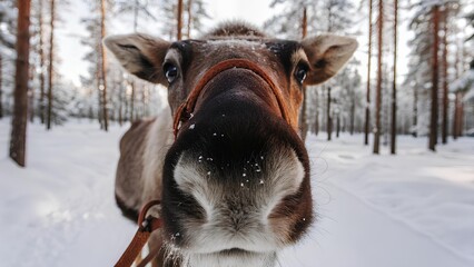 Close-up reindeer with snow-dusted face and rope halter looking into the camera, set in a quiet snowy pine forest with soft diffused winter light

