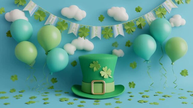 Day Paper Banner Hat Shamrocks Balloons, Colorful paper banner with shamrocks and balloons, celebrating a festive occasion