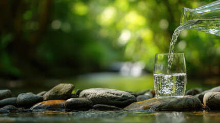 Clear water is poured into a glass set on smooth river stones in a lush forest setting, symbolizing purity, hydration, and the essence of natural wellness