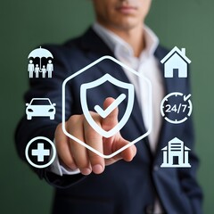 A person in a dark suit touching a digital shield with checkmark surrounded by of car, house, medical cross, family with umbrella, clock, and building