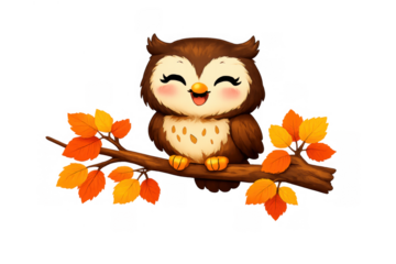 Cute cartoon owl sitting on autumn branch with colorful fall leaves, happy adorable forest bird, transparent background
