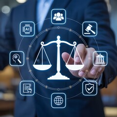 Person in a suit touching a digital hologram of a scale of justice surrounded by representing law and technology