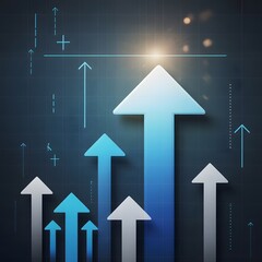 Multiple upward pointing arrows in blue and white on a dark grid background with plus signs and dotted lines